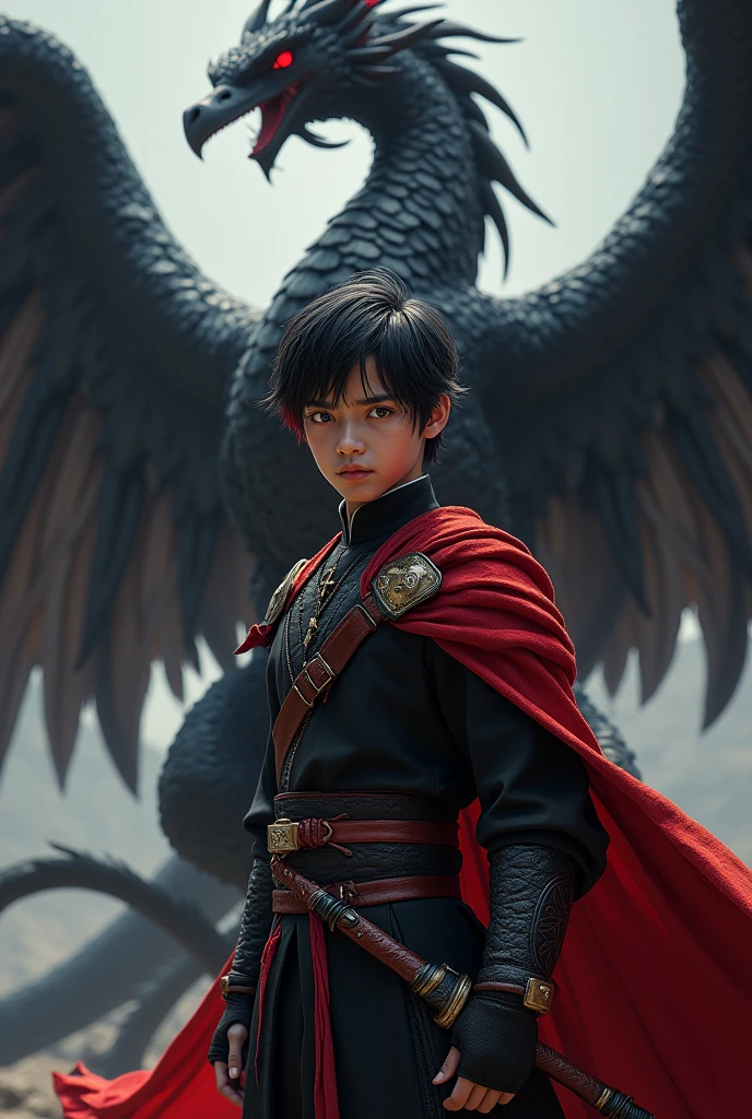 A prince man, guerrero.
He is American, 1 .
Her medium black hair with red tips and her blue eyes.
The prince's clothing must be black with red. Behind him is a black dragon phoenix..
It must have American features..