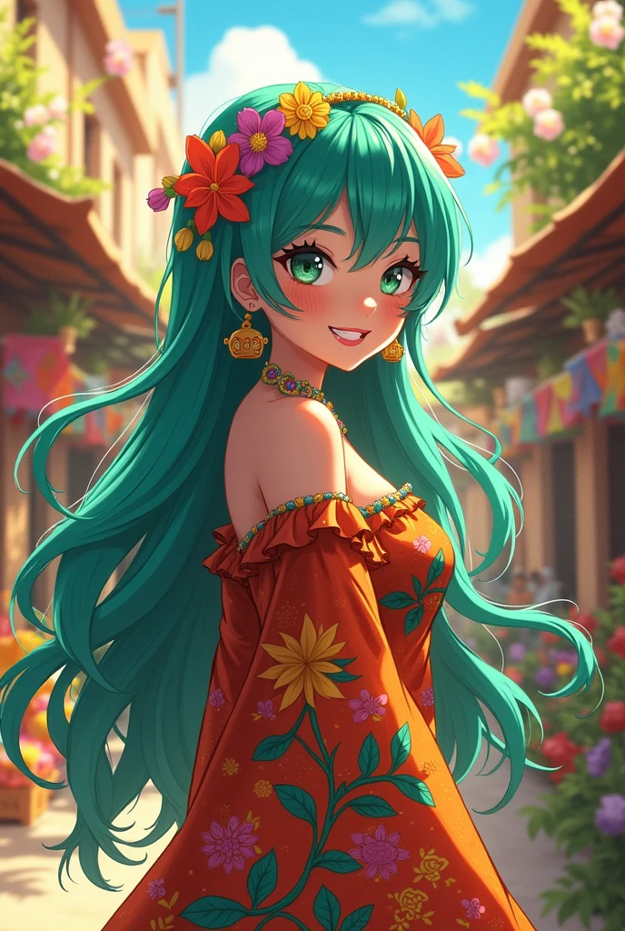 Miku as a Brazilian northeastern womanAnime-style masterpiece featuring Miku, radiant Brazilian northeastern woman, flowing hair with vibrant teal strands cascading down, adorned with colorful floral accessories, traditional northeastern attire, intricate patterns showcasing cultural richness, lively expression radiating joy and confidence, captivating smile illuminating the scene, vibrant backdrop of a lively street festival, bustling market stalls filled with fruits and local crafts, colorful banners fluttering in the warm breeze, sunlight casting a golden glow, emphasizing the warmth of the atmosphere, central composition highlighting Miku's dynamic pose, emphasizing her connection with the environment, exaggerated proportions typical of anime art style, bright color palette with vivid hues of turquoise, warm oranges, and lush greens, soft glowing highlights accentuating her features, detailed rendering of traditional embroidered fabric, swirling motion lines conveying energy and life, magical realism blending with traditional Japanese anime aesthetics, incorporating elements of Brazilian folklore in subtle background details, whimsical touches like playful spirits peeking through the foliage, inviting viewers into a fantastical narrative infused with cultural richness and charm.