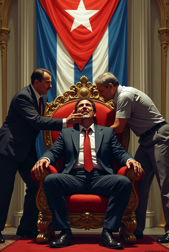 Man stealing the crown from the head of another man sitting on a throne with the Cuban flag.