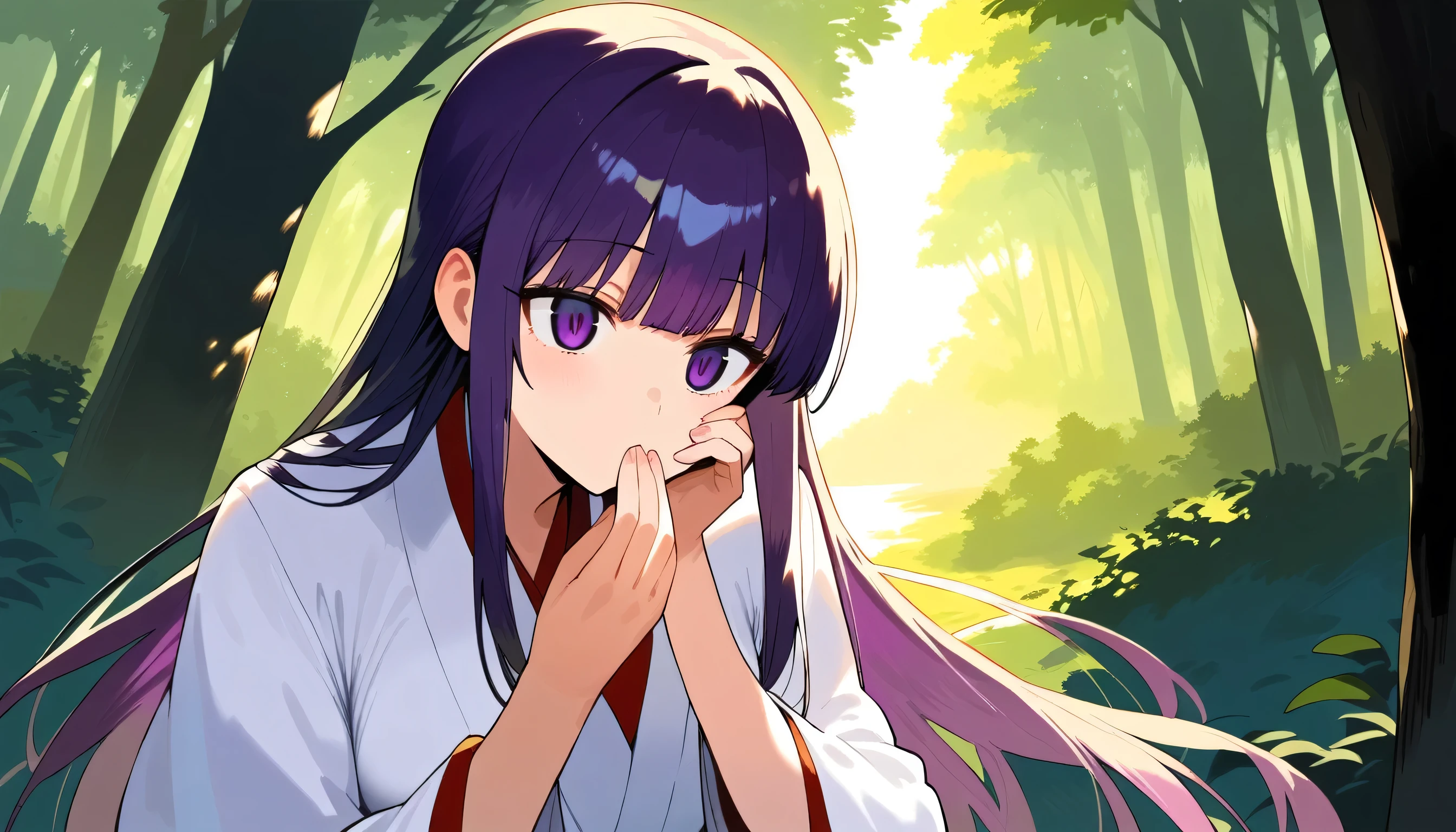 score_9, score_8_up, score_7_up, best quality, 1 lady, black long long hair, purple slant eyes, staring,white kimono hakama,, one hand on mouth, forest, Twilight