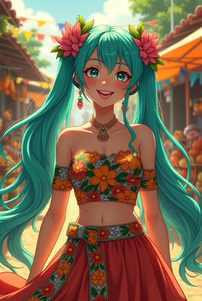 Miku as a Brazilian northeastern womanAnime-style masterpiece featuring Miku, radiant Brazilian northeastern woman, flowing hair with vibrant teal strands cascading down, adorned with colorful floral accessories, traditional northeastern attire, intricate patterns showcasing cultural richness, lively expression radiating joy and confidence, captivating smile illuminating the scene, vibrant backdrop of a lively street festival, bustling market stalls filled with fruits and local crafts, colorful banners fluttering in the warm breeze, sunlight casting a golden glow, emphasizing the warmth of the atmosphere, central composition highlighting Miku's dynamic pose, emphasizing her connection with the environment, exaggerated proportions typical of anime art style, bright color palette with vivid hues of turquoise, warm oranges, and lush greens, soft glowing highlights accentuating her features, detailed rendering of traditional embroidered fabric, swirling motion lines conveying energy and life, magical realism blending with traditional Japanese anime aesthetics, incorporating elements of Brazilian folklore in subtle background details, whimsical touches like playful spirits peeking through the foliage, inviting viewers into a fantastical narrative infused with cultural richness and charm.