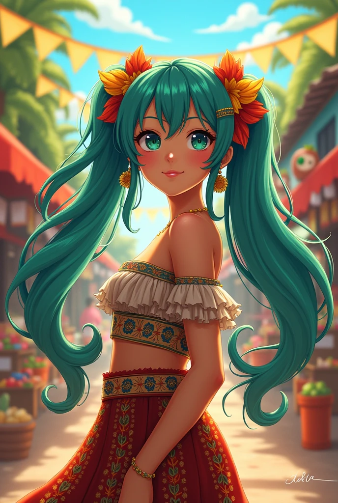 Miku as a Brazilian northeastern womanAnime-style masterpiece featuring Miku, radiant Brazilian northeastern woman, flowing hair with vibrant teal strands cascading down, adorned with colorful floral accessories, traditional northeastern attire, intricate patterns showcasing cultural richness, lively expression radiating joy and confidence, captivating smile illuminating the scene, vibrant backdrop of a lively street festival, bustling market stalls filled with fruits and local crafts, colorful banners fluttering in the warm breeze, sunlight casting a golden glow, emphasizing the warmth of the atmosphere, central composition highlighting Miku's dynamic pose, emphasizing her connection with the environment, exaggerated proportions typical of anime art style, bright color palette with vivid hues of turquoise, warm oranges, and lush greens, soft glowing highlights accentuating her features, detailed rendering of traditional embroidered fabric, swirling motion lines conveying energy and life, magical realism blending with traditional Japanese anime aesthetics, incorporating elements of Brazilian folklore in subtle background details, whimsical touches like playful spirits peeking through the foliage, inviting viewers into a fantastical narrative infused with cultural richness and charm.