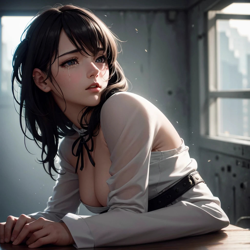 (最high quality, High resolution, Realistic:1.37), Detailed eyes and face, Beautiful Lips, A girl sitting in a jail cell with iron bars, Gloomy atmosphere, Melancholic expression, Dim lighting, Black and White Photography, Cool colors, despair, separation, crying, cry, Devastation. [character (completion) Shrouded in mist, Creates a mysterious and eerie atmosphere. The lighting is dim and atmospheric, The red smoke creates an eerie atmosphere.. 最high quality image, with a resolution of 4K and High resolution enhancement, Showcasing the highest level of detail and realism, Full Body Shot:1.5]. [8k, 最high quality, 超High resolution, (Very detailed CG unity 8k wallpaper), (Best Photos), (best Shadow), Isometric 3D, Octane Rendering, Ray Tracing, Very detailed, (最high quality, 4K, 8k:1.2), Absurd, Super detailed, (Realistic, photoRealistic, photoRealistic:1.37), Complex parts, High resolution, (Complex parts:1.12), (Super detailed, hyper Realistic, Soft lighting, hard:1.2), (Complex parts, Super detailed:1.15). Blurred foreground. (Backlight), masterpiece, high quality, Luminance, chromatic aberration, 8k uhd, Fog Smoke, Shadow, Contrast, sunny, (Warm shades, Warm Tones), Attention to detail, natural reflections].