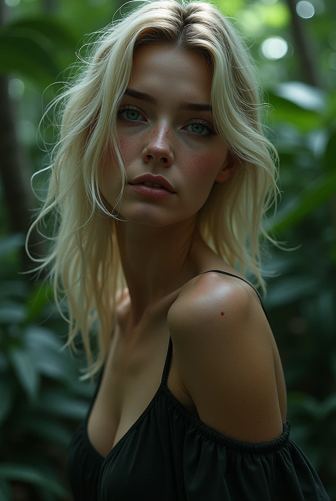 medium shot, hyper-realistic, beautiful woman, 25 years old, blonde hair, wavy hair, green eyes, from behind, looking at camera, curios expression, naked, nude, nsfw, standing in a sea of fern, forest fern, cinematic, Ambient light, natural light, film grain, canon d50