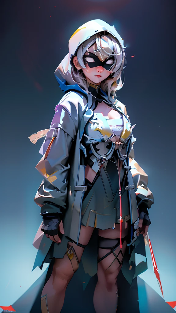 envision a 8k, highres, cinematic, beautiful full body concept art design of a ninja girl with pretty features posing with a katana with blonde hair, a white camisole, black jacket with hood up with light armor plates, katana's on her back, ((black eye mask with white eyes)), in dark lighting, against a dark gray background