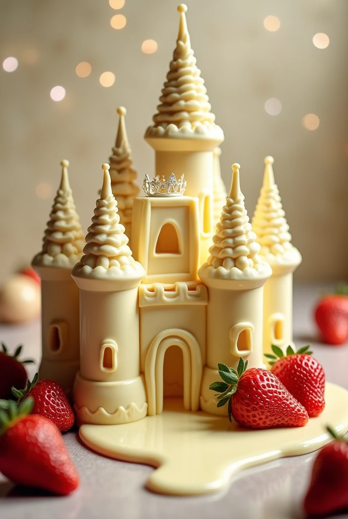 generate a slightly animated image where a white chocolate castle is melting, as decoration some strawberries and a crown on top