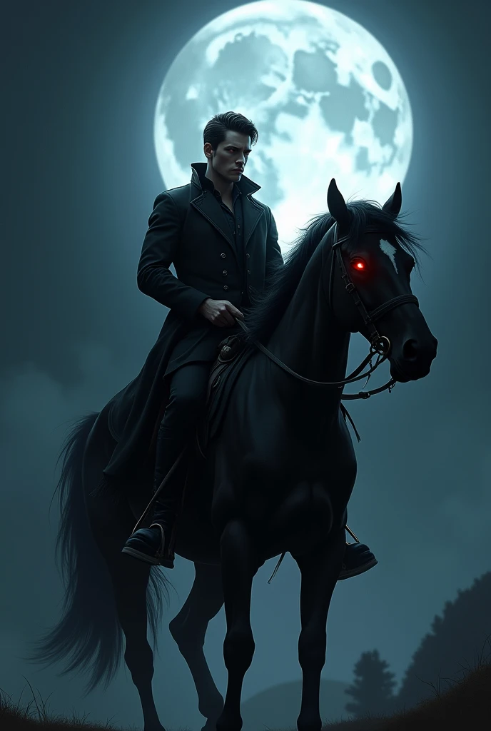 Hot man black hair Bright red eyes on a black horse at night with the moonlight 