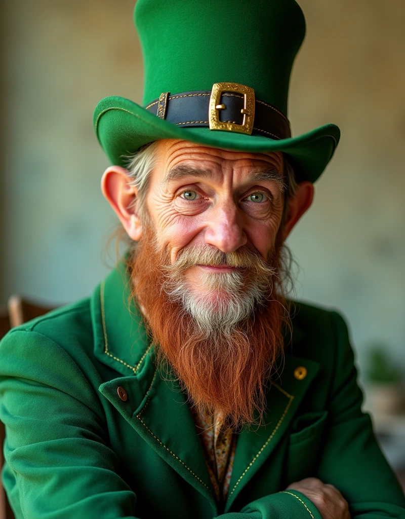 Irish leprechaun, middle aged, sharp focus, bright color, trending on artstation, high details, simple lines, art by argem, hyper realistic detailed, Ultra realist, 8k, Fashion Photography, Cinematic Lighting, Leica M10-P Safari Edition, Nikkor 60mm, Micro AF-S f/2.8, full body shot, Soft Light Pastels, by TJ Drysdale