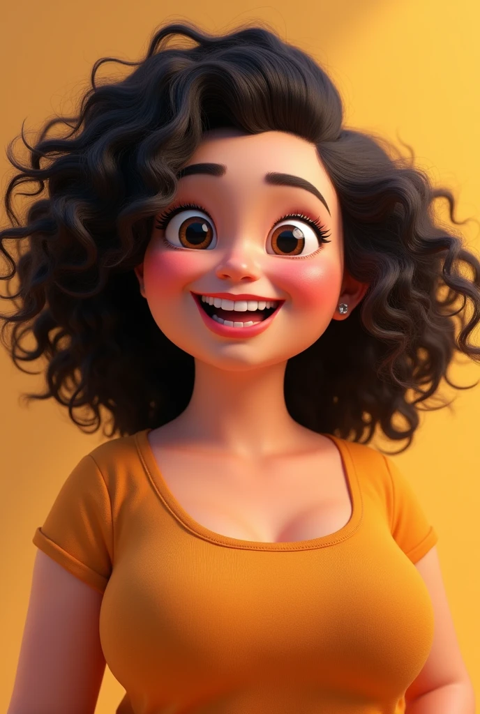 Brown fat woman dark curly hair to shoulder round eyes big mouth round face Pixar 3d curly hair