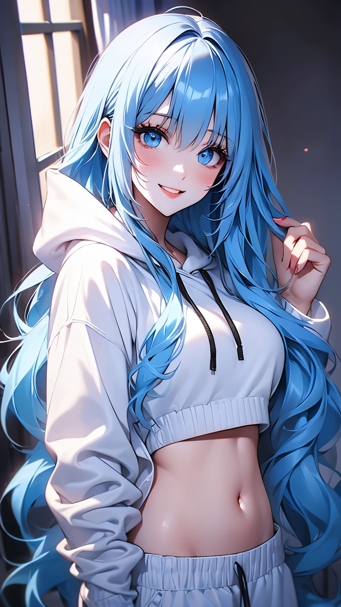 my sweet emo girl, white hoodie, white sweatpants, red top, belly, makeup, beautiful expressive eyes, loving look, flirty smile, long silky blue hair,