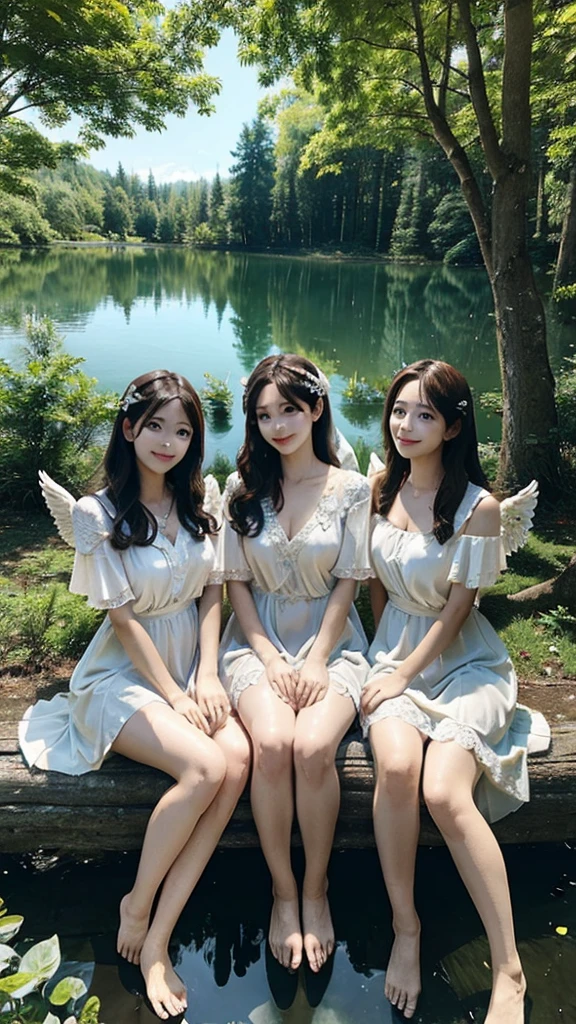 Three angels with wings resting beside a lake in a forest