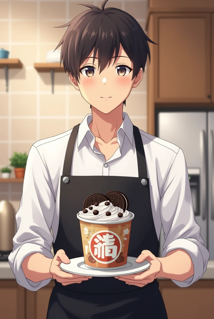 Person holding a plate with oreo cream on top in an anime container wearing a white long-sleeved shirt and a black apron man 