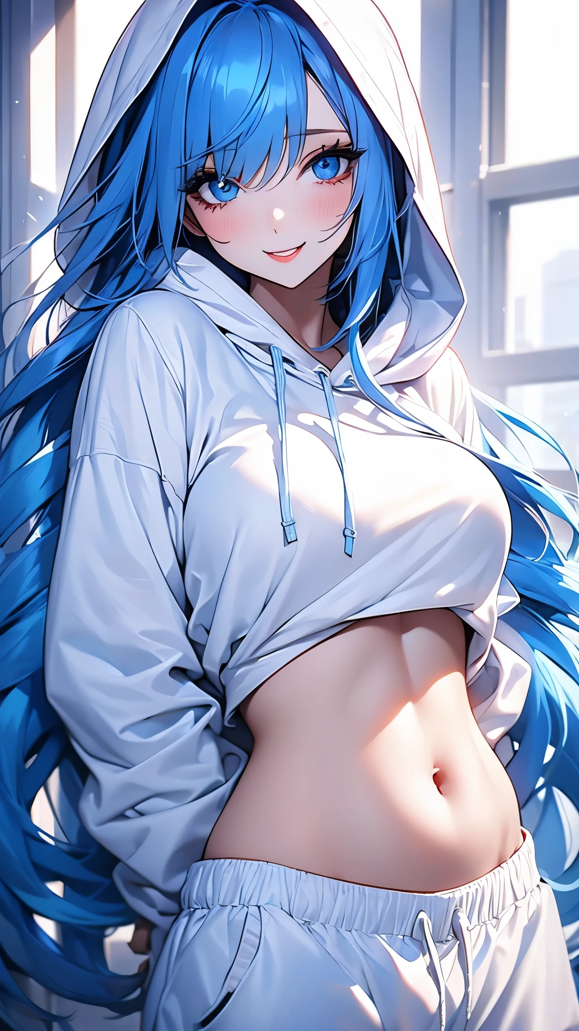 my sweet emo girl, white hoodie, white sweatpants, red top, belly, makeup, beautiful expressive eyes, loving look, flirty smile, long silky blue hair,