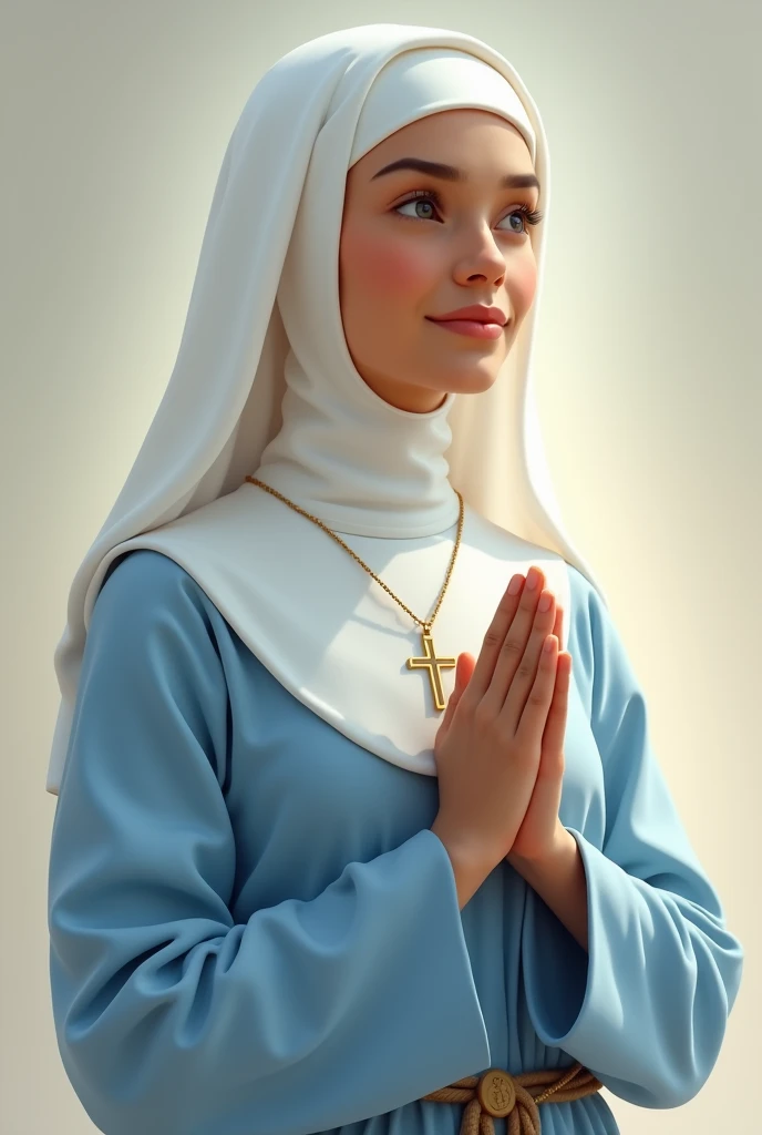 A young light brown nun with a white veil, no hair showing, wearing a sky blue habit dress, with cross neck necklace, rosary at the waist, calling with the hand, with a very beautiful smile