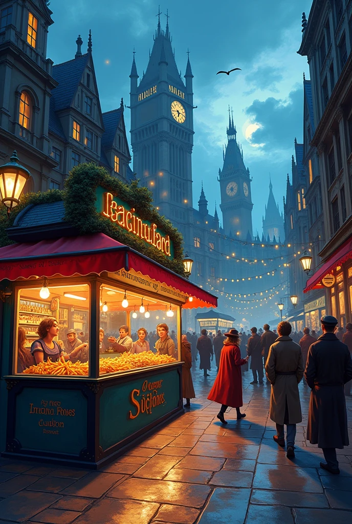 [(transparent background: 1.5)::5],(((masterpiece))),(((best quality))),(((extremely detailed))),illustration, mysterious,vivid color, shiny , (impressionism: 1.4), Pret A Manger, (French Fries), Family Barrel, (Fish and Chips), (snack bar), (food stand), london, (Harry Potter style), wizarding world style, restaurant, food, food service, typography, mysterious fonts,