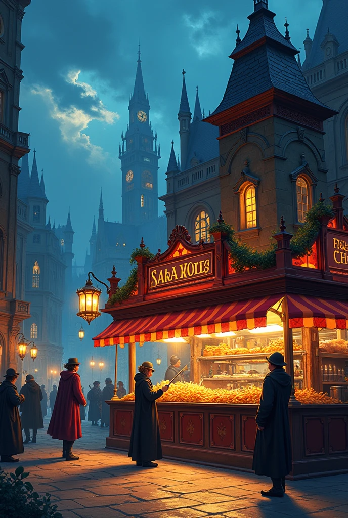 [(transparent background: 1.5)::5],(((masterpiece))),(((best quality))),(((extremely detailed))),illustration, mysterious,vivid color, shiny , (impressionism: 1.4), Pret A Manger, (French Fries), Family Barrel, (Fish and Chips), (snack bar), (food stand), london, (Harry Potter style), wizarding world style, restaurant, food, food service, typography, mysterious fonts,