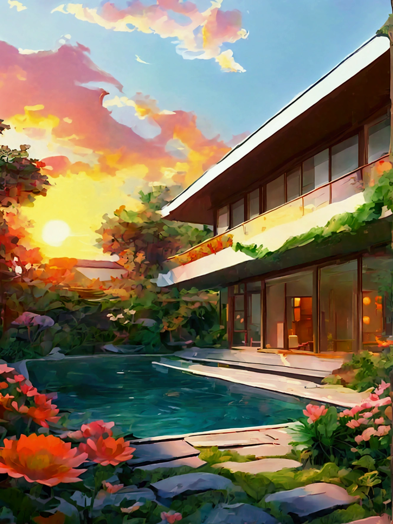 Line Illustration、Bright color scheme，warmth，3-storey house，There is a yard and swimming pool on the first floor，。Depth of Field，panoramic，A spacious and cozy living area，There is also a small plant in the corner。Decorated with lush greenery and potted flowers，Roadside fence flowerbed，The setting sun shines on the house。Warm and comfortable。