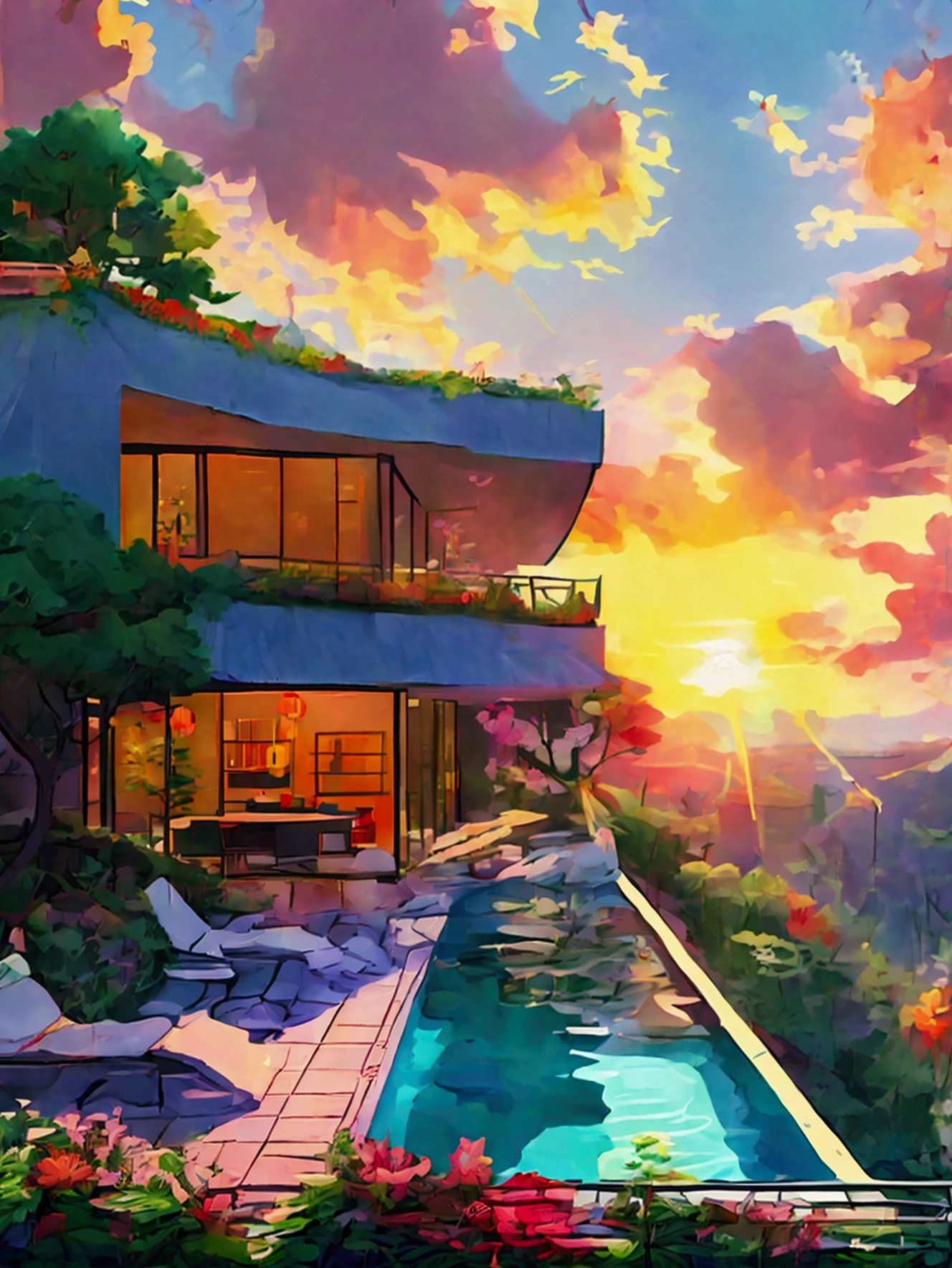 Line Illustration、Bright color scheme,warmth,3-storey house,There is a yard and swimming pool on the first floor,。Depth of Field,panoramic,A spacious and cozy living area,There is also a small plant in the corner。Decorated with lush greenery and potted flowers,Roadside fence flowerbed,The setting sun shines on the house。Warm and comfortable。
