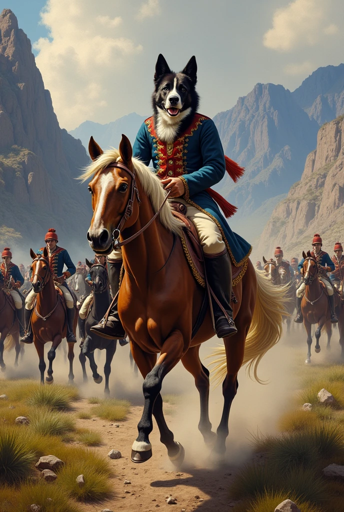 Simon Bolivar's dog Nevado riding a horse fighting in the Andes of Merida, Venezuela