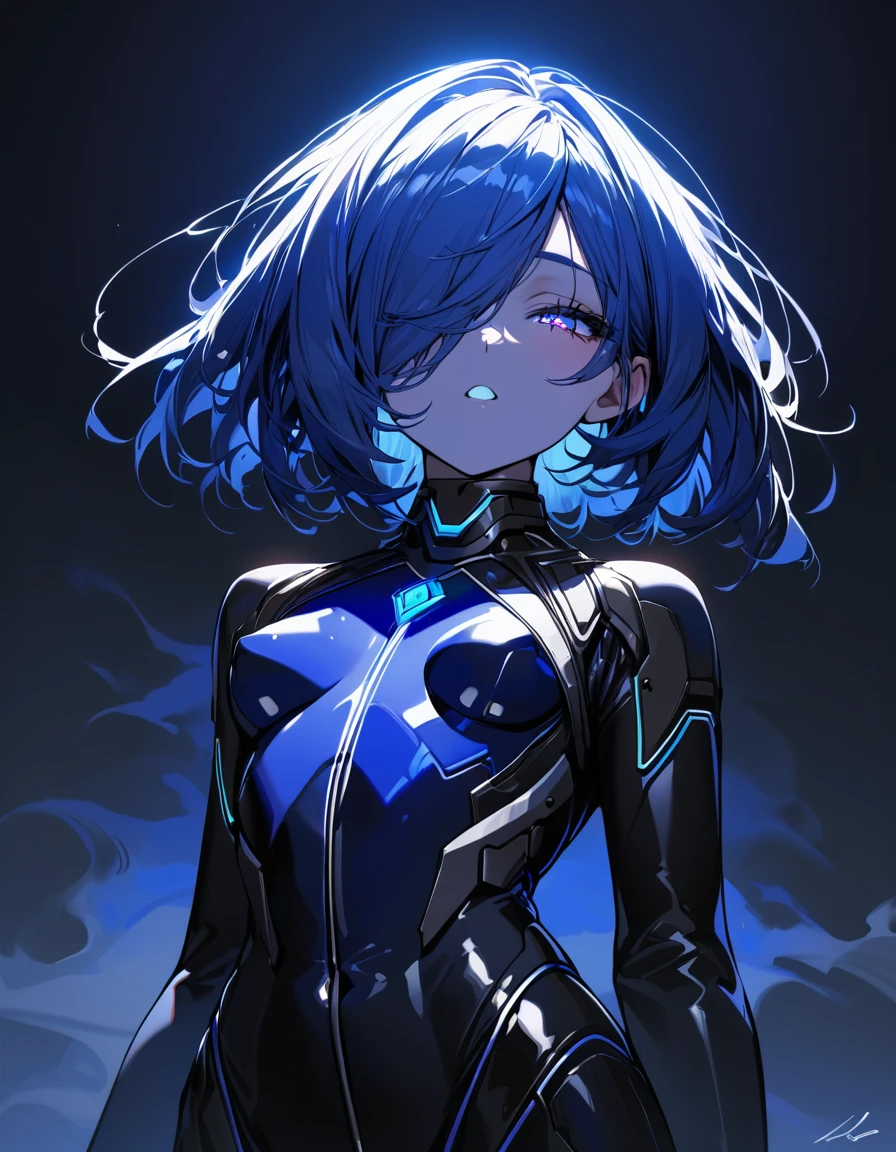 (masterpiece)、(absurdres)、(ultra detailed)、(8k),Anatomically correct,solo girl,Slender:1.1,shiny ultramarine hair,straight hair,short bobcut:1.1,ultramarine eyes,hair covering one eye:1.1,irisless eyes,small breast:0.9,black mechanical suit,from below:0.8,half- closed eye,Lots of smoke,cowboy shot:1.2,simple darkness background,in the darkness:1.2,looking viewer,hand covering one eye,