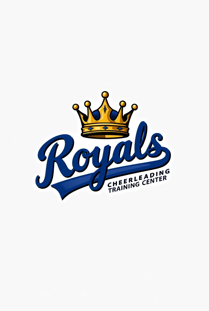 Un logo azul y dorado que diga Royals cheerleading training center y tenga una corona