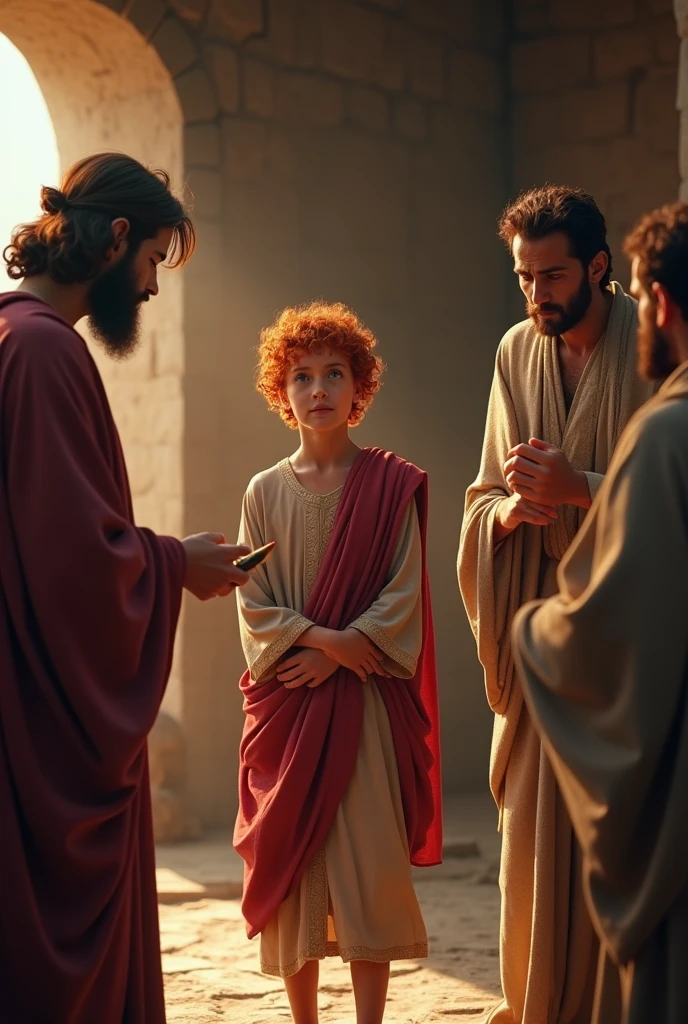 King David, adolescent, BEING ANOINTED (OIL SPILLED ON HEAD) BY THE PROPHET SAMUEL , IN FRONT OF HIS BROTHERS AND FATHER, INSIDE THE HOUSE OF THE BIBLICAL TIMES, red hair, SHEEP SHEPHERD'S CLOTHING. 8K realistic picture.