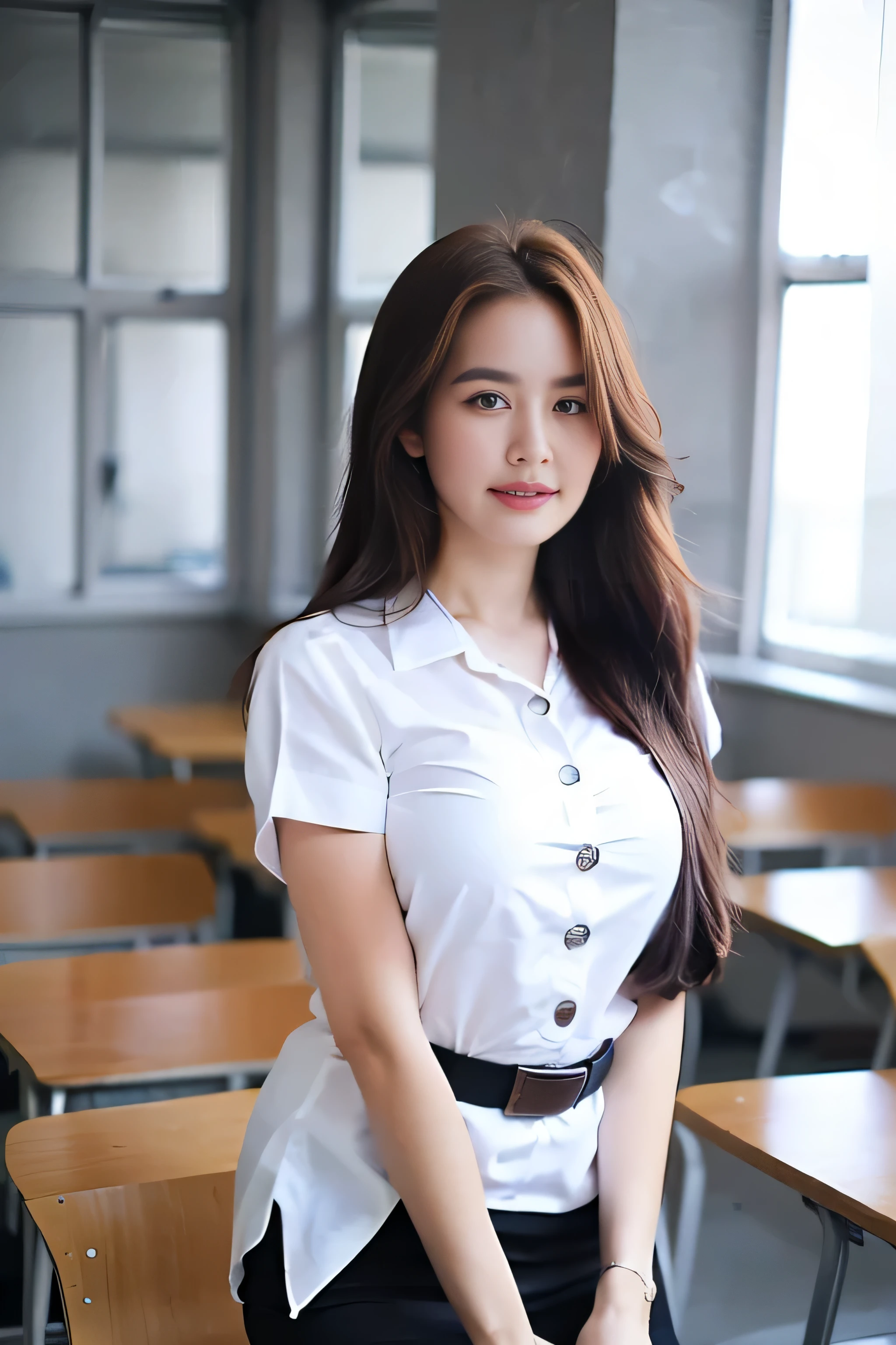 Close up,1 girl{{A beautiful woman wearing a white short-sleeved shirt and a short black pencil skirt}} , striking a sexy pose.  with several lecture tables set up behind it  There is a sliding glass window.  There was evening light streaming into the room.