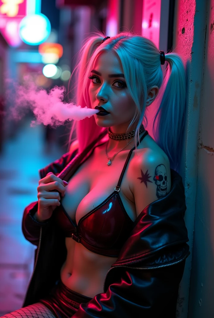 ((NSFW)) Masterpiece, portrait of a beautiful young lady with the apearance of harley quinn with pretty make-up and black and red glossy lips. She is posing seductively with a sexy and sultry expression while leaning back against the wall with her knee up and holding a cigarette, exhaling creamy thick smoke from her open mouth. Lots of smoke lingers and drifts in the air all around her. She has a tattoo of a skull and heart, and a small diamond tattoo under her eye. She has thick long blonde hair tied in twin bunches with pink and blue ends and she is wearing a small tight black and red leather punk jacket falling off one shoulder and tight black and red short leather skirt with chains and fishnet stockings. She is in on a city sidwalk at night with pink and blue neon lights illuminating the scene. it is raining, she is wet with wet hair. She has very large Voluptuous breasts. One hand is cupping one of her breasts. Taken by professional photographer using a canon 5D mark 3. Extremely detailed and colourful --ar 2:3 --v 6.0 --style raw --s 750