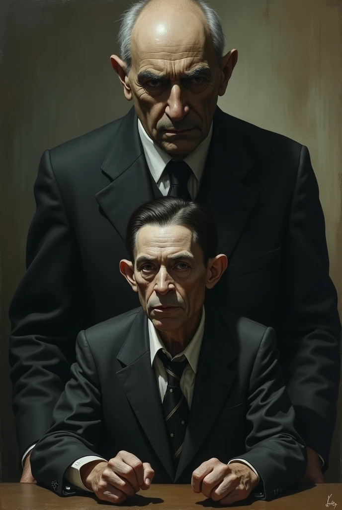 Franz Kafka with anxiety and his father behind 
