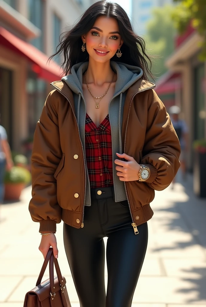 Full body beautil pale white skin caucasian woman, 5'7" tall, medium lush black hair, deep green eyes, wearing zip up brown quilted down nylon jacket with golden buttons, closed zipped up gray hoodie jacket under nylon jacket, black bell bottom pants, rolled up sleeves, zipping up jacket, up collar, cleavage, red and black plaid formal button down blouse under hoodie jacket, happy smile, walking on shopping center, high hill sandals, summer sunny day, bag, watch and bracelet, neck chain, ear rings