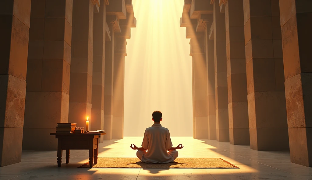 generate a person meditating in an ancient temple next to a table with books and an ancient candle