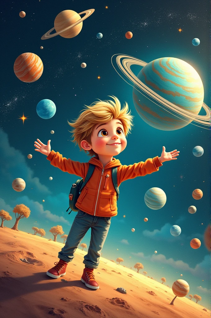 Dessine moi mon fils sacha qui a 6 ans, blond foncé de cheveux, yeux brun et peau blanche s'amuser dans le système solaire, mon fils adore les planètes
