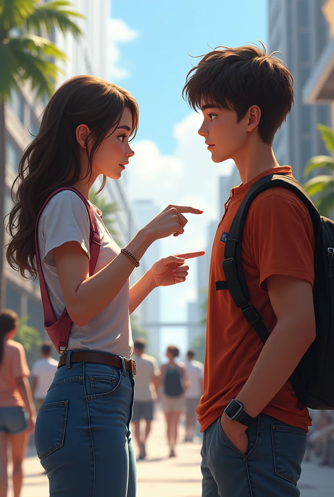 Make me a young woman pointing at a young man