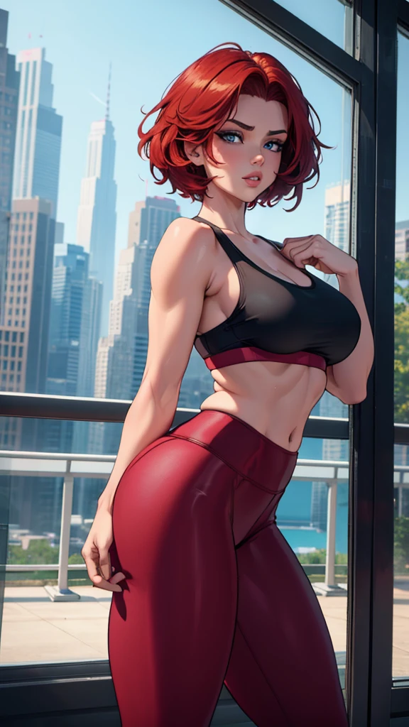 beautiful redhead woman with short hair, curvy, wearing sexy gym clothes, (best quality,4k,8k,highres,masterpiece:1.2),ultra-detailed,(realistic,photorealistic,photo-realistic:1.37),highly detailed face, beautiful eyes, full lips, sharp focus, vivid colors, muscular body, athletic, fitness, sports bra, tight leggings, dynamic pose, gym environment, natural lighting, cinematic, elegant