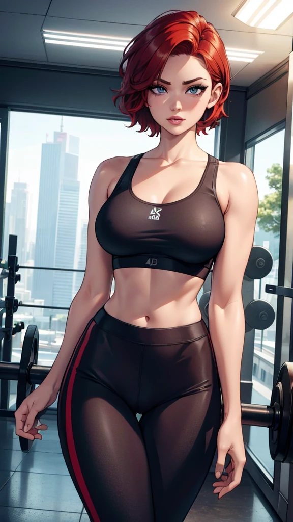 beautiful redhead woman with short hair, curvy, wearing sexy gym clothes, (best quality,4k,8k,highres,masterpiece:1.2),ultra-detailed,(realistic,photorealistic,photo-realistic:1.37),highly detailed face, beautiful eyes, full lips, sharp focus, vivid colors, muscular body, athletic, fitness, sports bra, tight leggings, dynamic pose, gym environment, natural lighting, cinematic, elegant