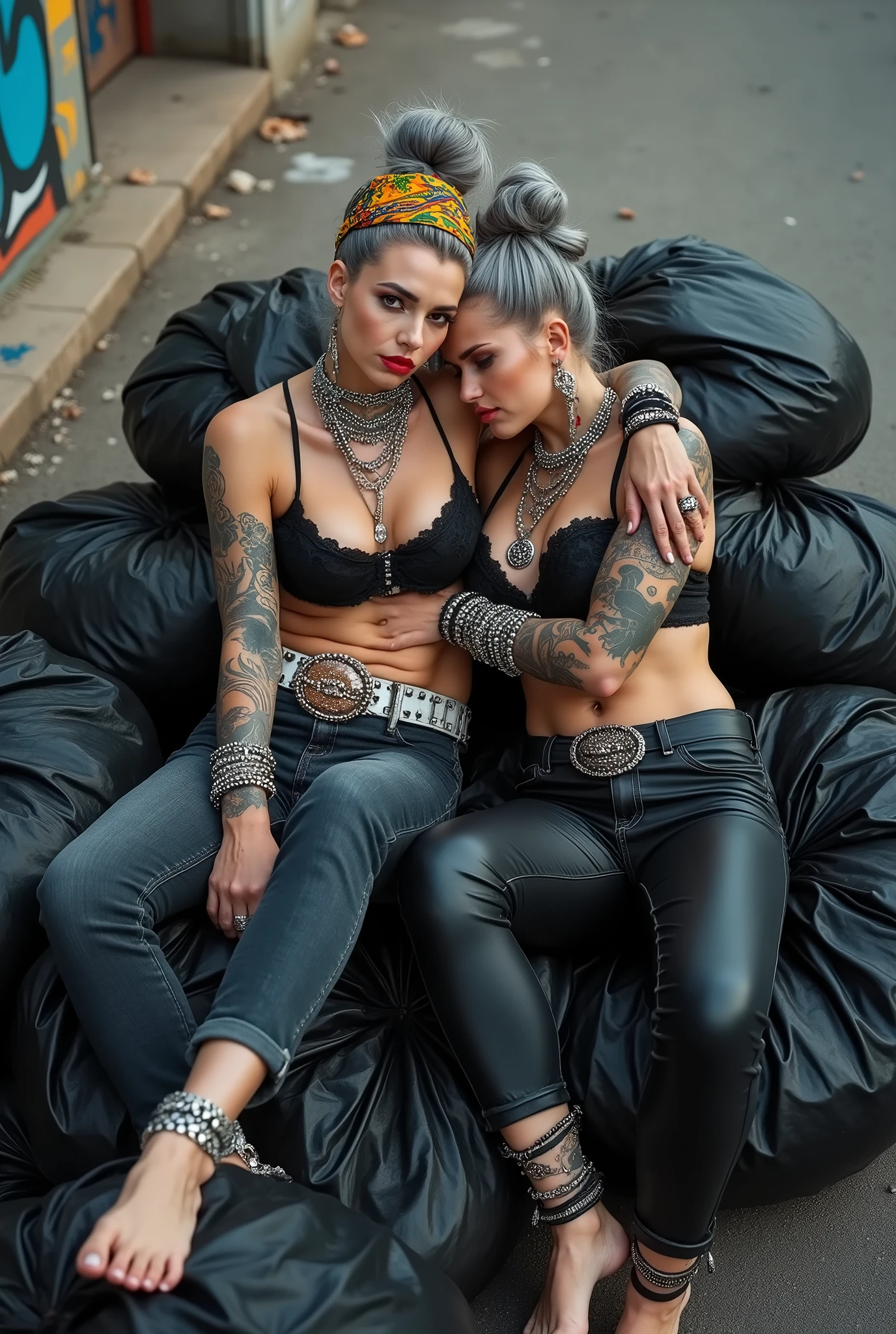 Two russian milf women: the dominant woman with power stance (arm around her partner"s shoulders and grabbing her forearm) protecting the submissive and needy one, who leans her head on the other's chest. different clothes but same rock chic style. grey hair (bouffant, top bun) and oversized square sunglasses and wide  colourful bandana as headband. Big lips.  Black lace push up bra, silicone breast,, tight skinny  black low rise leather and denim jeans. Barefoot with necklaces in ankles. Lots of thick wide studded bracelets, chain necklaces and big rings,. Two loose studded belts. Long earrings with chains and feathers. Sitting on a pile of huge black plastic bags. Lazy, leaning back, laid back pose, separated legs. Neck, chest, stomach, feet, hands, arms and wrists heavily tattoed.  Toned abdominals, thin neck, slim legs and thin arms. Narrow hips. Full body. At a dead end street with graffitied walls, ground littered with waste . Nuns get close. Some nuns in the background get close. Full body, seen from above