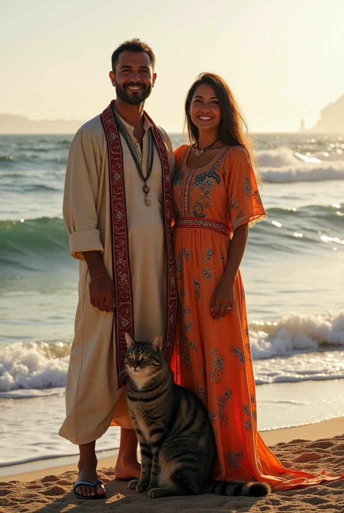 Un couple marocain (amazigh) devant la mer en Francr avec un chat gris manx rayé