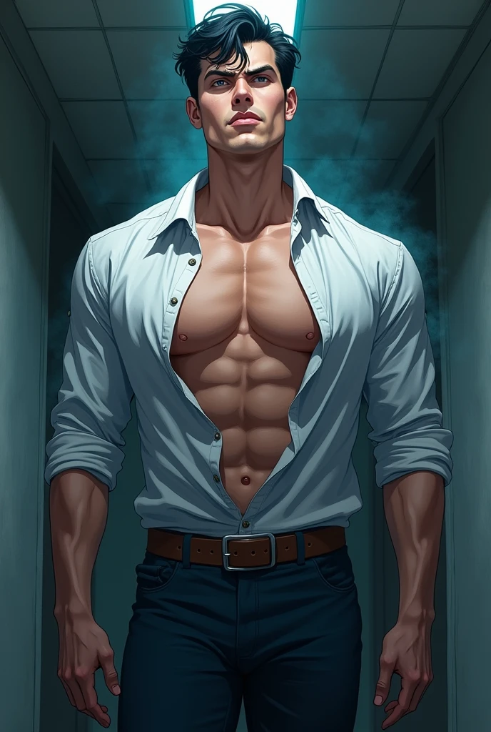 Clark Kent (Superman) hypnotized. Anime, muscular, revealing, hypnotized.