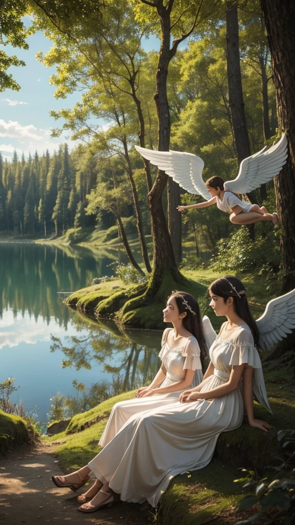 Three angels with wings resting beside a lake in a forest 
