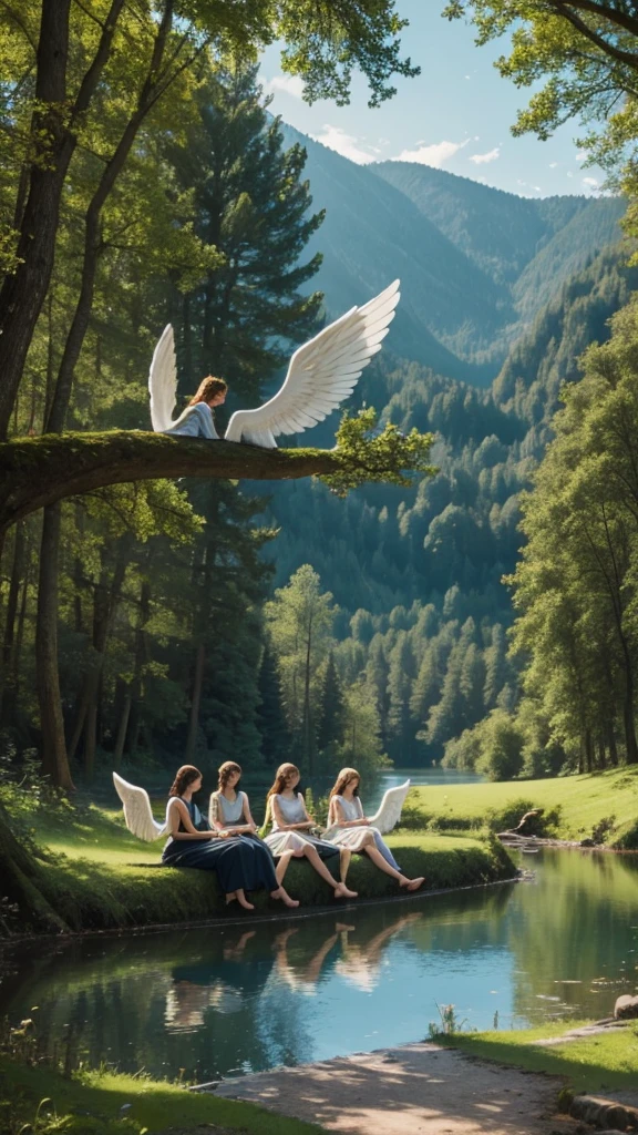 Three angels with wings resting beside a lake in a forest