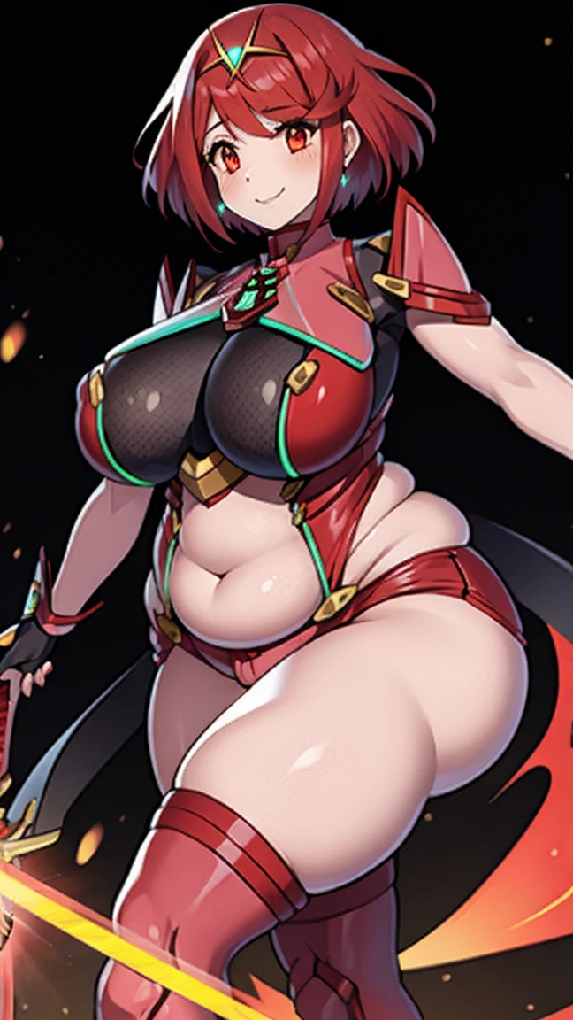 pyra \(xenoblade\), young__1girl, armor, bangs, black gloves, breasts, red eyes, closed mouth, earrings, eyelashes, fingerless gloves, floating hair, framed breasts, gem, gloves, hair ornament, headpiece, jewelry, big_breasts, leaning back, leotard, neon trim, official art, pose, red hair, red shorts, saitou masatsugu, short hair, short shorts, short sleeves, shorts, sidelocks, skin tight, solo, standing, swept bangs, thighhighs, tiara, night_prairie_background, turtleneck, underbust, vambraces, xenoblade chronicles \(series\), (xenoblade chronicles 2), apart_legs, fire_effect,dynamic_pose_fighting,light_smile, (plump:1.1), big_ass,huge_sword, hold_large_sword_hilt, solo, covered_nipples, covered_pussy, massive fat girl, massive fat belly