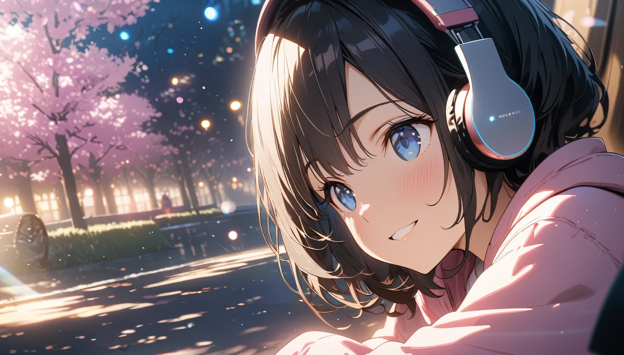 ((ultra-detailed))/(one women with short black hair and bob hair.、beautiful blue eyes,.、smile、gentle smile on her face、flat chest, one Beautiful girl,((masterpiece, illustration, best quality) ((ultra-detailed))/)Masterpiece\,wearing headphones and sitting under the japenese cherry blossom trees while wearing pink hoodie,濃い青とBeautiful Blueのグラデーション, High resolution, 8K HD detail, hyper-detail, cinematic, surrealism, soft light, deep field focus bokeh, ray tracing and surrealism. --v6'