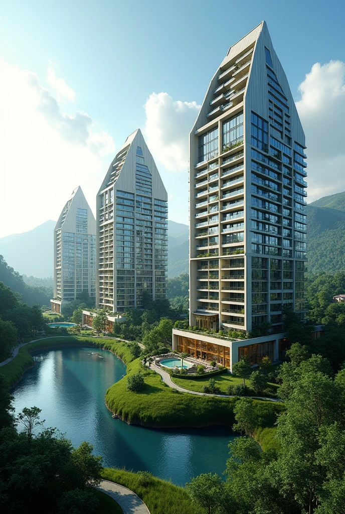 Panoramic view of a condominium with several houses in the shape of financial pyramids