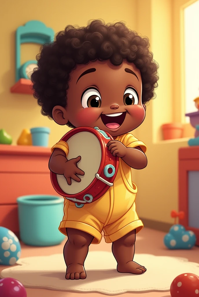 Black baby playing tambourine cartoon