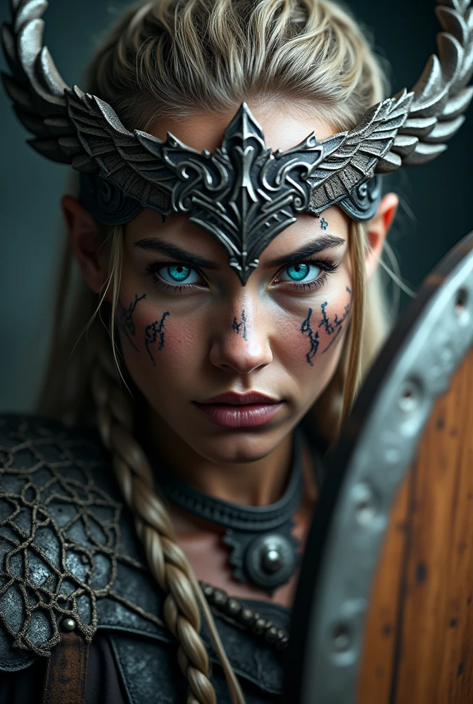 Close up face beautiful viking woman, wooden shield in hand , strong blue light in the eyes, large crown of wings , viking face paintings, Angry, bone ornaments on the neck, battle armor, focused, braids in hair