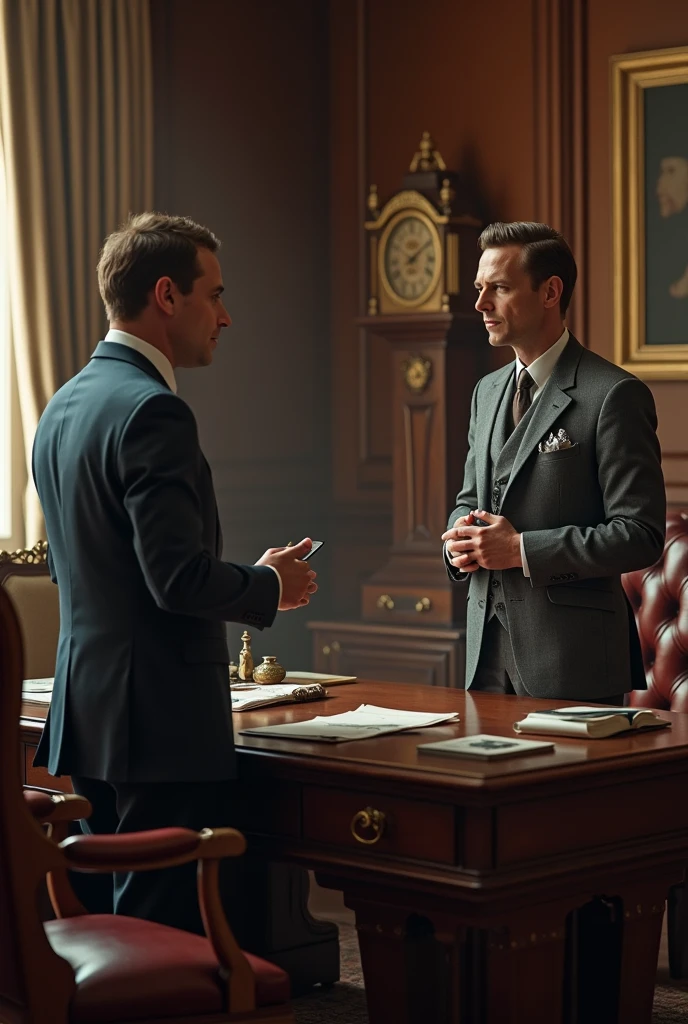 Two men in suits in old fashioned setting are doing business