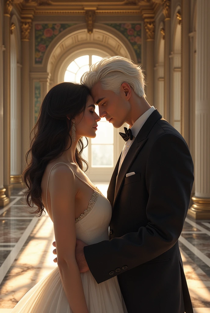 Black-haired white woman and white-haired white guy almost kiss in a palace hallway 
