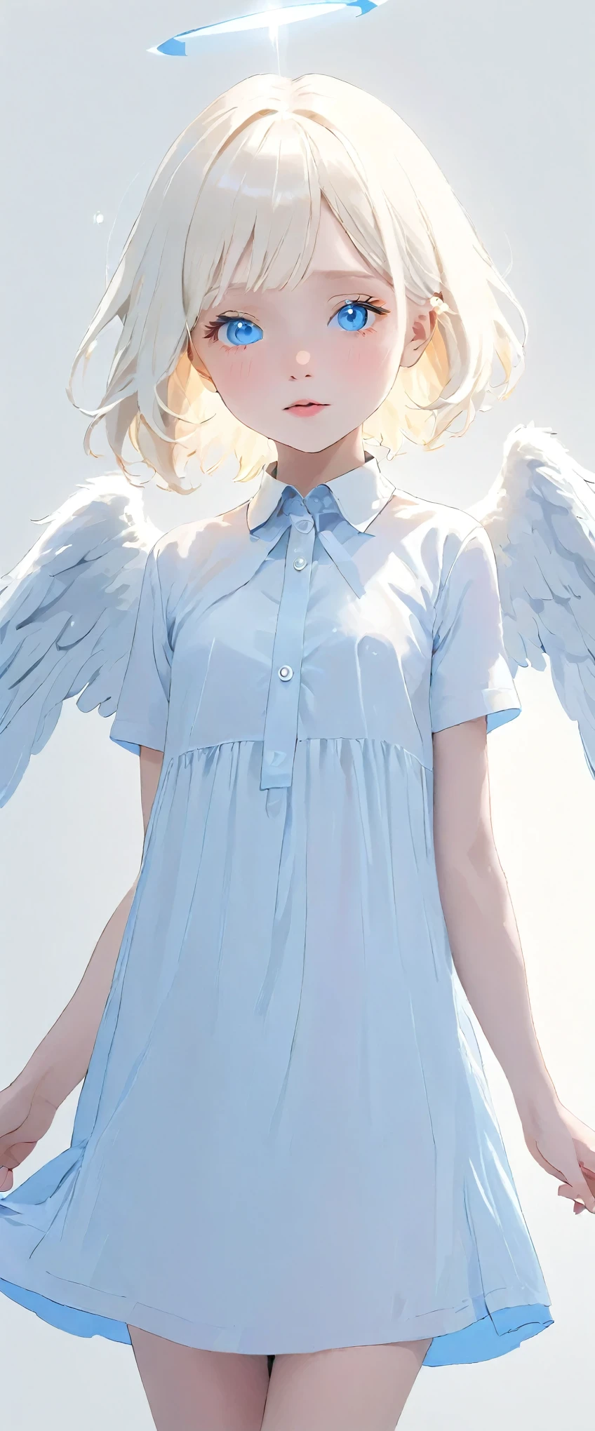 (((White Background:1.3)))、(((One albino woman、Cute Face、Cute Woman、Angelの羽、Angel))), ,(((The eyes are light blue:1.3)))、White Dress、((White shirt:1.3、White Block Dress)), Tyndall effect, Realistic, Shadow Studio,ultramarine、illumination, デュアルトーンillumination, (Skin with attention to detail: 1.2)、薄暗いillumination、暗いillumination、 photograph, High resolution, 4K, 8k, Background Blur,Beautiful fade out、White world、White Background