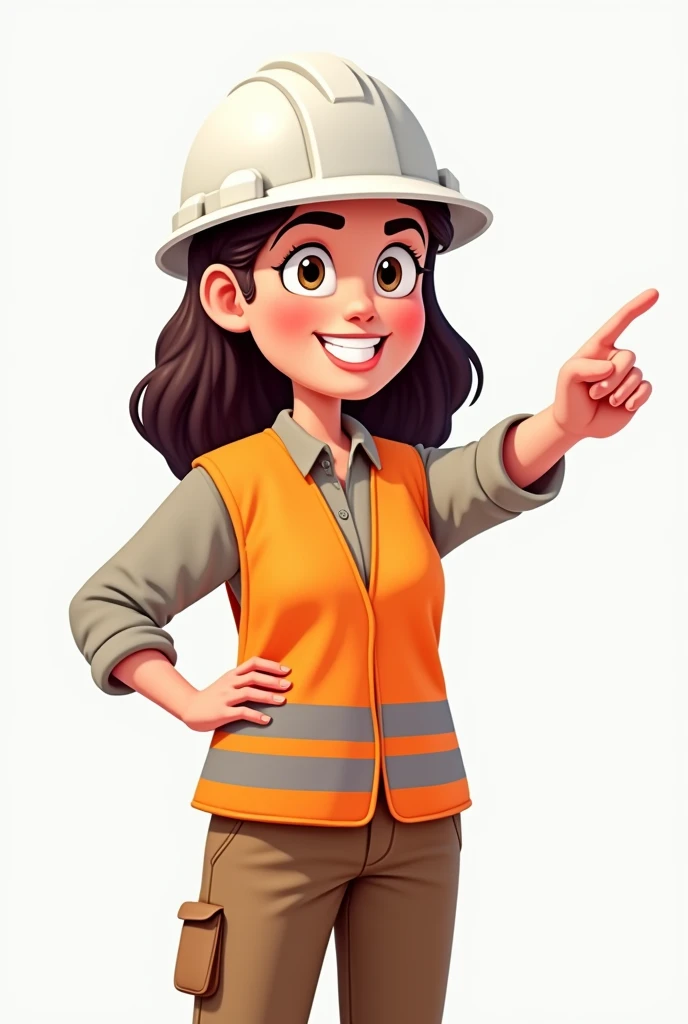 Simple cartoon of a woman wearing a white construction safety helmet and an orange reflective vest, pointing non-stop with the finger to the right