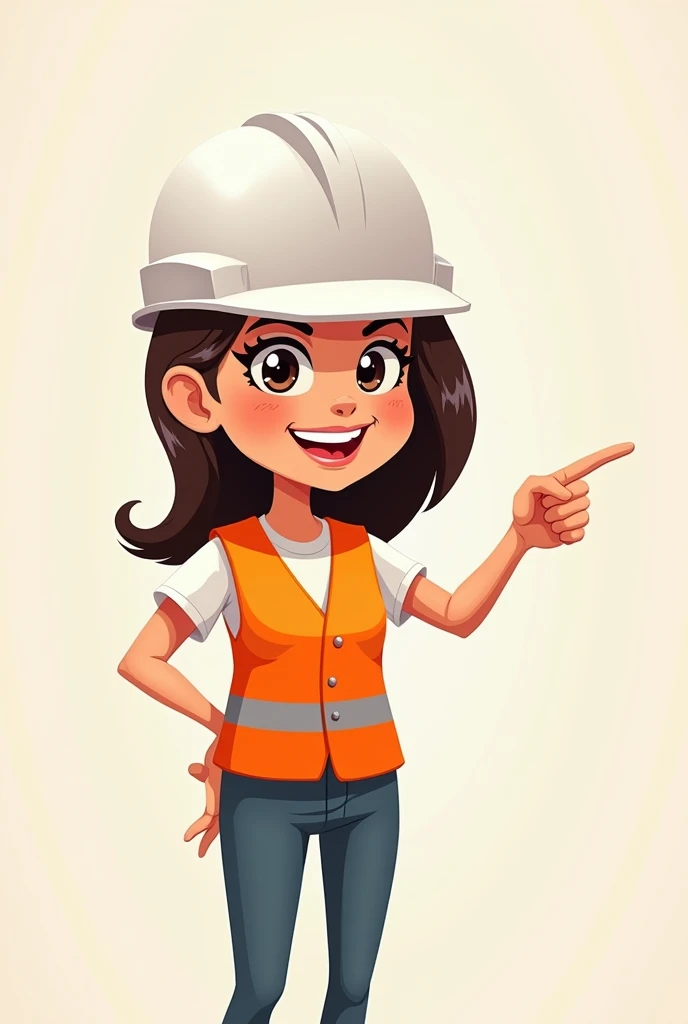 Simple cartoon of a woman wearing a white construction safety helmet and an orange reflective vest, pointing non-stop with the finger to the right